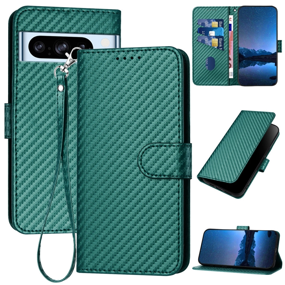 Google Pixel 8 Pro Carbon Fiber Buckle Leather Phone Case with Lanyard, PU Leather TPU Wallet Cover with Card Slot, Cash Compartment, Stand Function & Scratch Protection