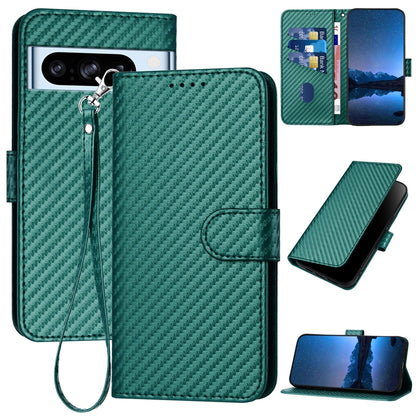 Google Pixel 8 Pro Carbon Fiber Buckle Leather Phone Case with Lanyard, PU Leather TPU Wallet Cover with Card Slot, Cash Compartment, Stand Function & Scratch Protection