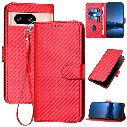 Google Pixel 8 Carbon Fiber Buckle Leather Phone Case with Lanyard, PU Leather TPU Wallet Cover with Card Slot, Cash Compartment, Stand Function & Scratch Protection