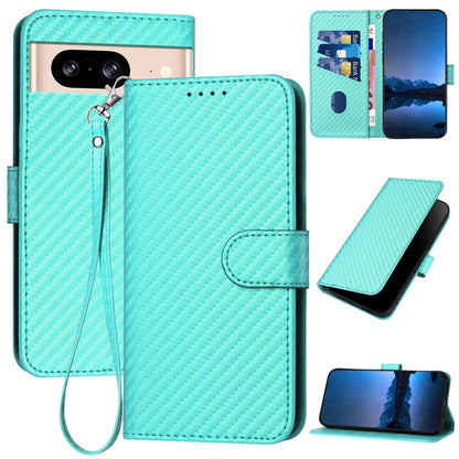 Google Pixel 8 Carbon Fiber Buckle Leather Phone Case with Lanyard, PU Leather TPU Wallet Cover with Card Slot, Cash Compartment, Stand Function & Scratch Protection