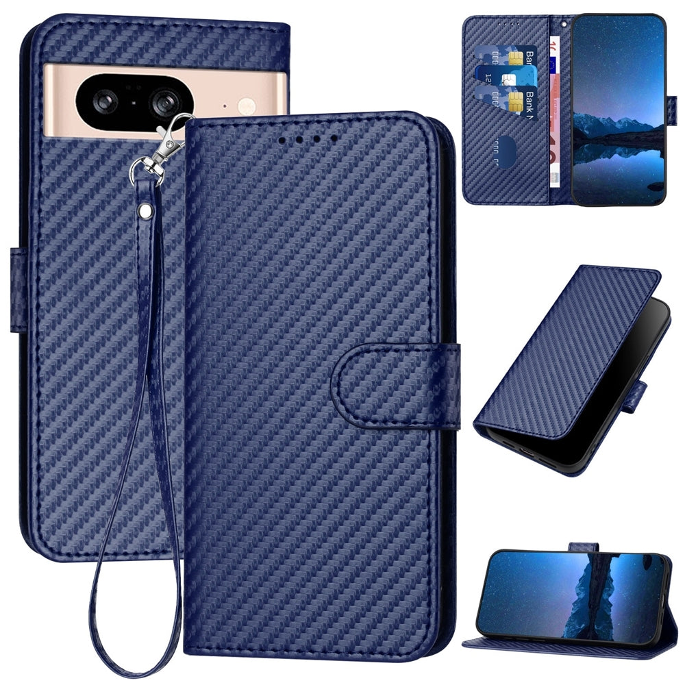Google Pixel 8 Carbon Fiber Buckle Leather Phone Case with Lanyard, PU Leather TPU Wallet Cover with Card Slot, Cash Compartment, Stand Function & Scratch Protection