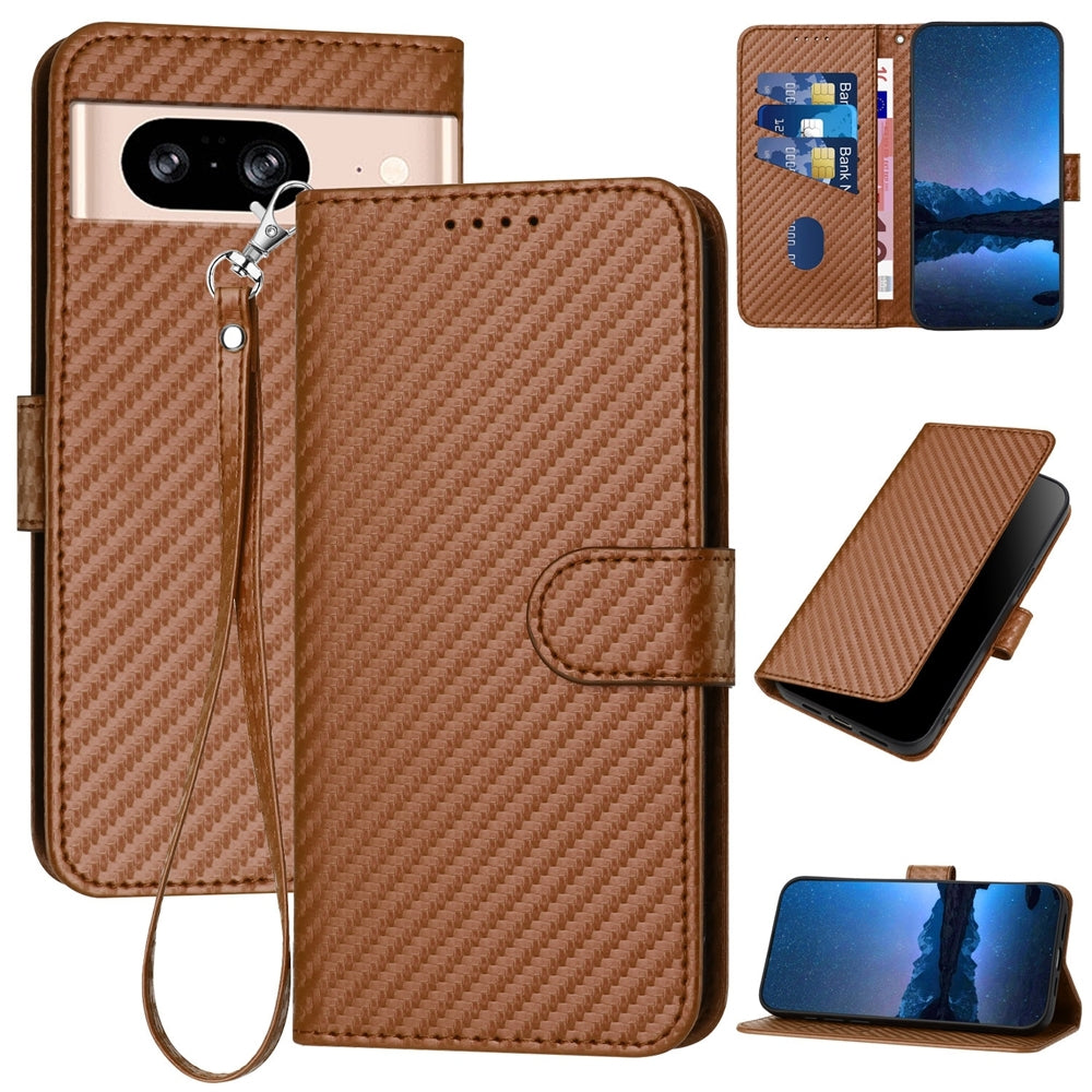 Google Pixel 8 Carbon Fiber Buckle Leather Phone Case with Lanyard, PU Leather TPU Wallet Cover with Card Slot, Cash Compartment, Stand Function & Scratch Protection
