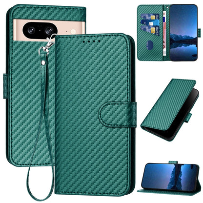 Google Pixel 8 Carbon Fiber Buckle Leather Phone Case with Lanyard, PU Leather TPU Wallet Cover with Card Slot, Cash Compartment, Stand Function & Scratch Protection