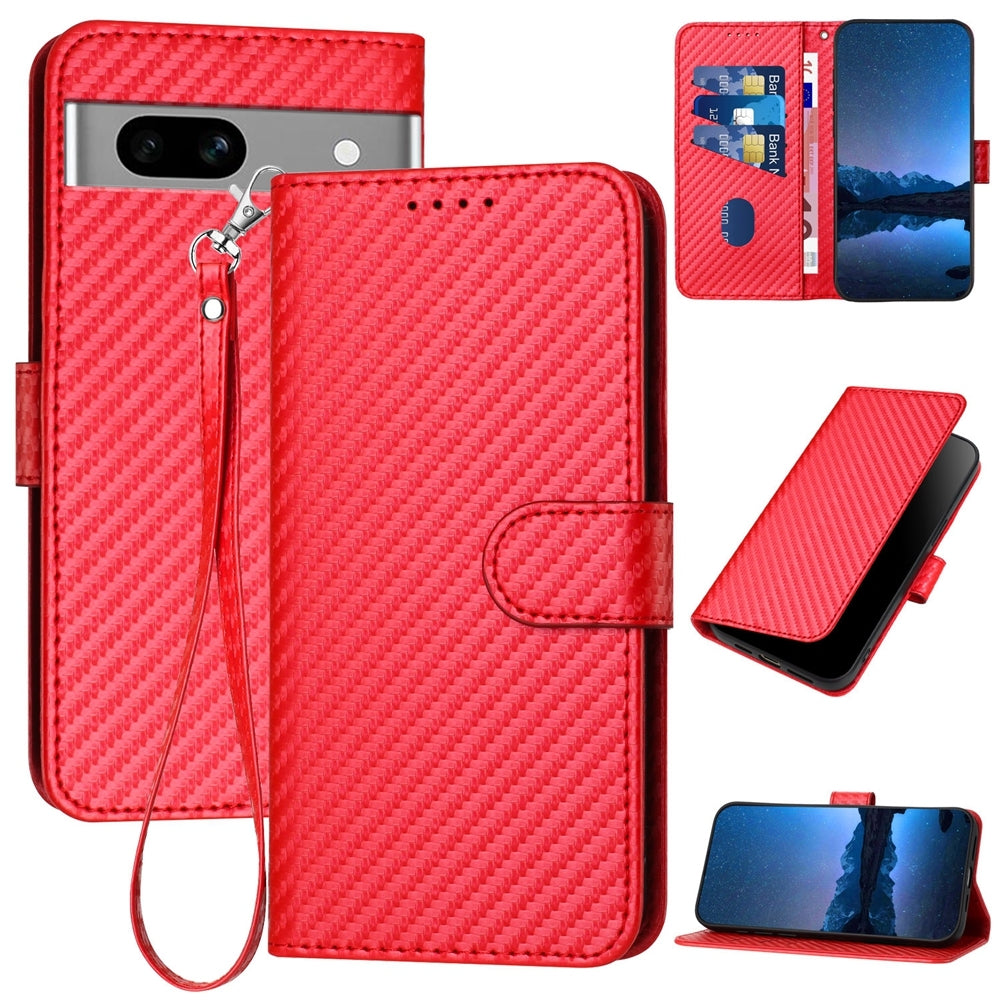 Google Pixel 7a Carbon Fiber Buckle Leather Phone Case with Lanyard, PU Leather TPU Wallet Cover with Card Slot, Cash Compartment, Stand Function & Scratch Protection