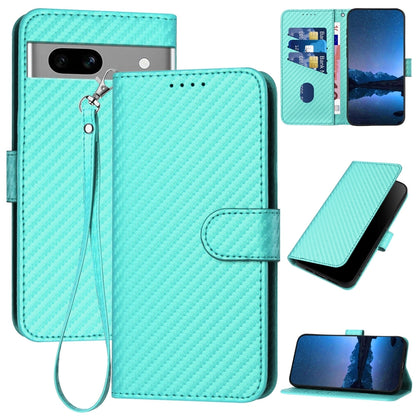 Google Pixel 7a Carbon Fiber Buckle Leather Phone Case with Lanyard, PU Leather TPU Wallet Cover with Card Slot, Cash Compartment, Stand Function & Scratch Protection
