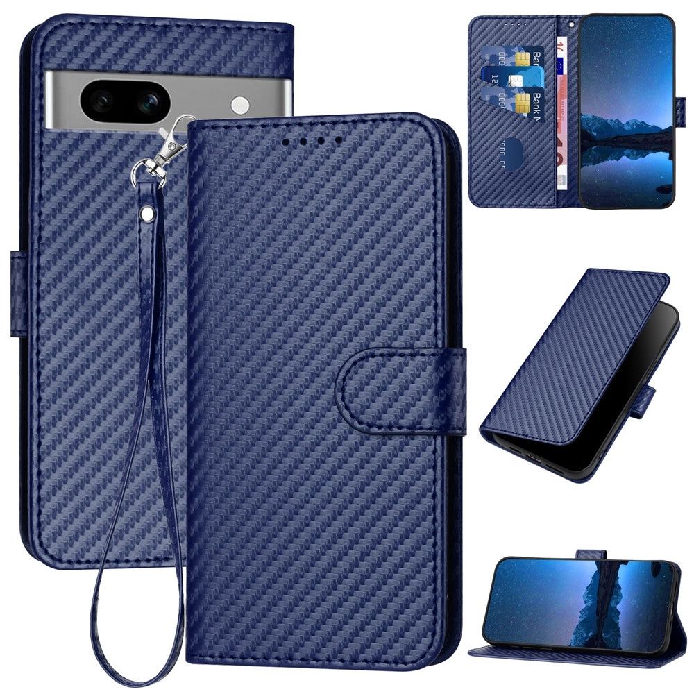 Google Pixel 7a Carbon Fiber Buckle Leather Phone Case with Lanyard, PU Leather TPU Wallet Cover with Card Slot, Cash Compartment, Stand Function & Scratch Protection
