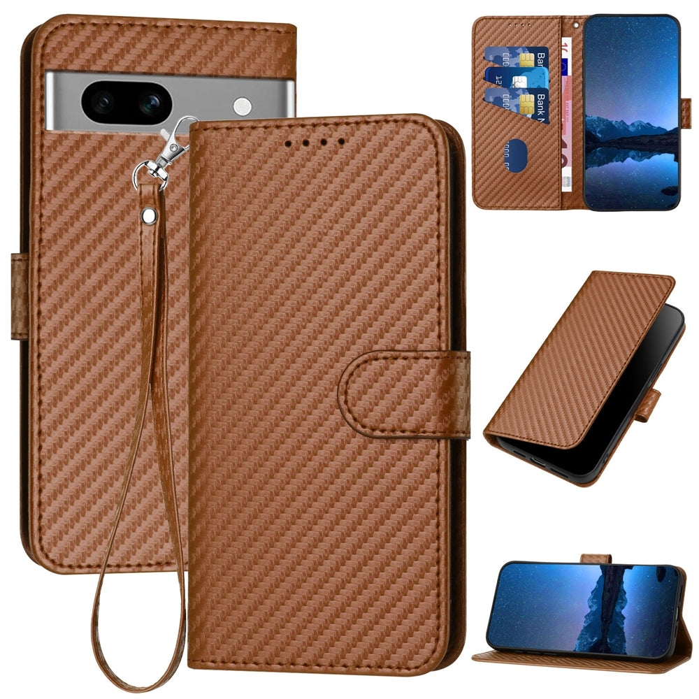 Google Pixel 7a Carbon Fiber Buckle Leather Phone Case with Lanyard, PU Leather TPU Wallet Cover with Card Slot, Cash Compartment, Stand Function & Scratch Protection
