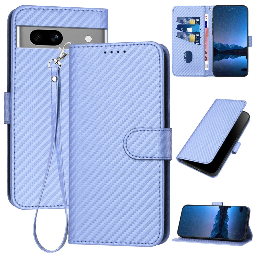 Google Pixel 7a Carbon Fiber Buckle Leather Phone Case with Lanyard, PU Leather TPU Wallet Cover with Card Slot, Cash Compartment, Stand Function & Scratch Protection