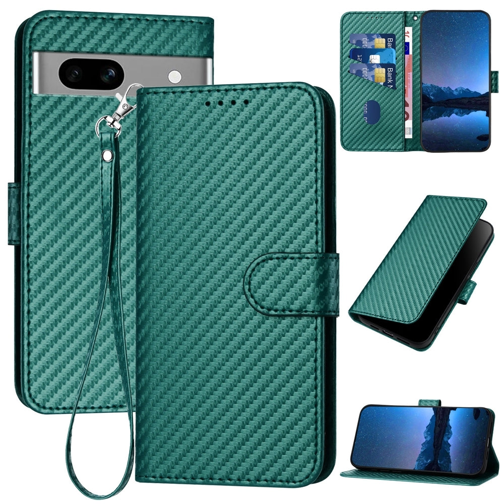Google Pixel 7a Carbon Fiber Buckle Leather Phone Case with Lanyard, PU Leather TPU Wallet Cover with Card Slot, Cash Compartment, Stand Function & Scratch Protection