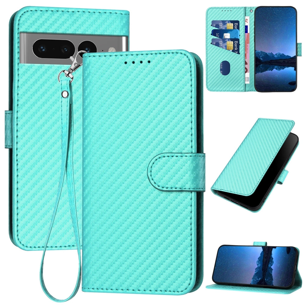Google Pixel 7 Pro Carbon Fiber Buckle Leather Phone Case with Lanyard, PU Leather TPU Wallet Cover with Card Slot, Cash Compartment, Stand Function & Scratch Protection
