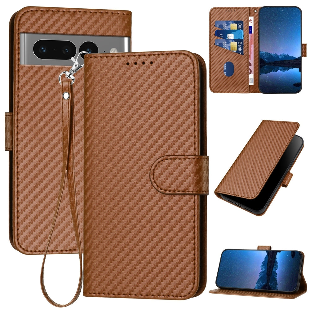 Google Pixel 7 Pro Carbon Fiber Buckle Leather Phone Case with Lanyard, PU Leather TPU Wallet Cover with Card Slot, Cash Compartment, Stand Function & Scratch Protection