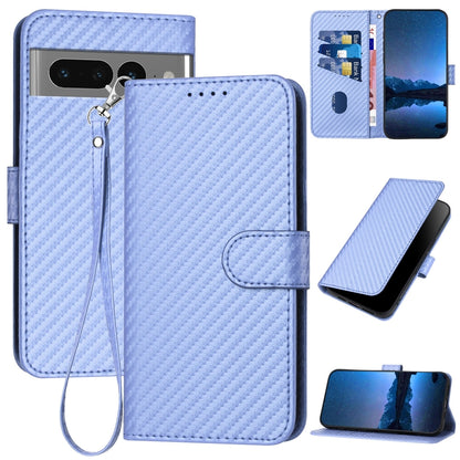 Google Pixel 7 Pro Carbon Fiber Buckle Leather Phone Case with Lanyard, PU Leather TPU Wallet Cover with Card Slot, Cash Compartment, Stand Function & Scratch Protection