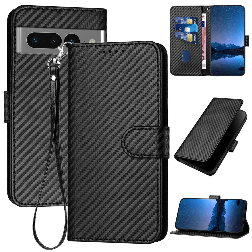 Google Pixel 7 Pro Carbon Fiber Buckle Leather Phone Case with Lanyard, PU Leather TPU Wallet Cover with Card Slot, Cash Compartment, Stand Function & Scratch Protection