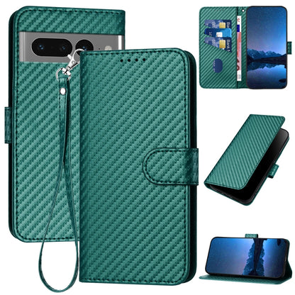 Google Pixel 7 Pro Carbon Fiber Buckle Leather Phone Case with Lanyard, PU Leather TPU Wallet Cover with Card Slot, Cash Compartment, Stand Function & Scratch Protection