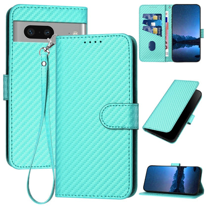 Google Pixel 7 Carbon Fiber Buckle Leather Phone Case with Lanyard, PU Leather TPU Wallet Cover with Card Slot, Cash Compartment, Stand Function & Scratch Protection