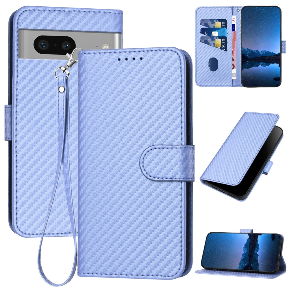 Google Pixel 7 Carbon Fiber Buckle Leather Phone Case with Lanyard, PU Leather TPU Wallet Cover with Card Slot, Cash Compartment, Stand Function & Scratch Protection