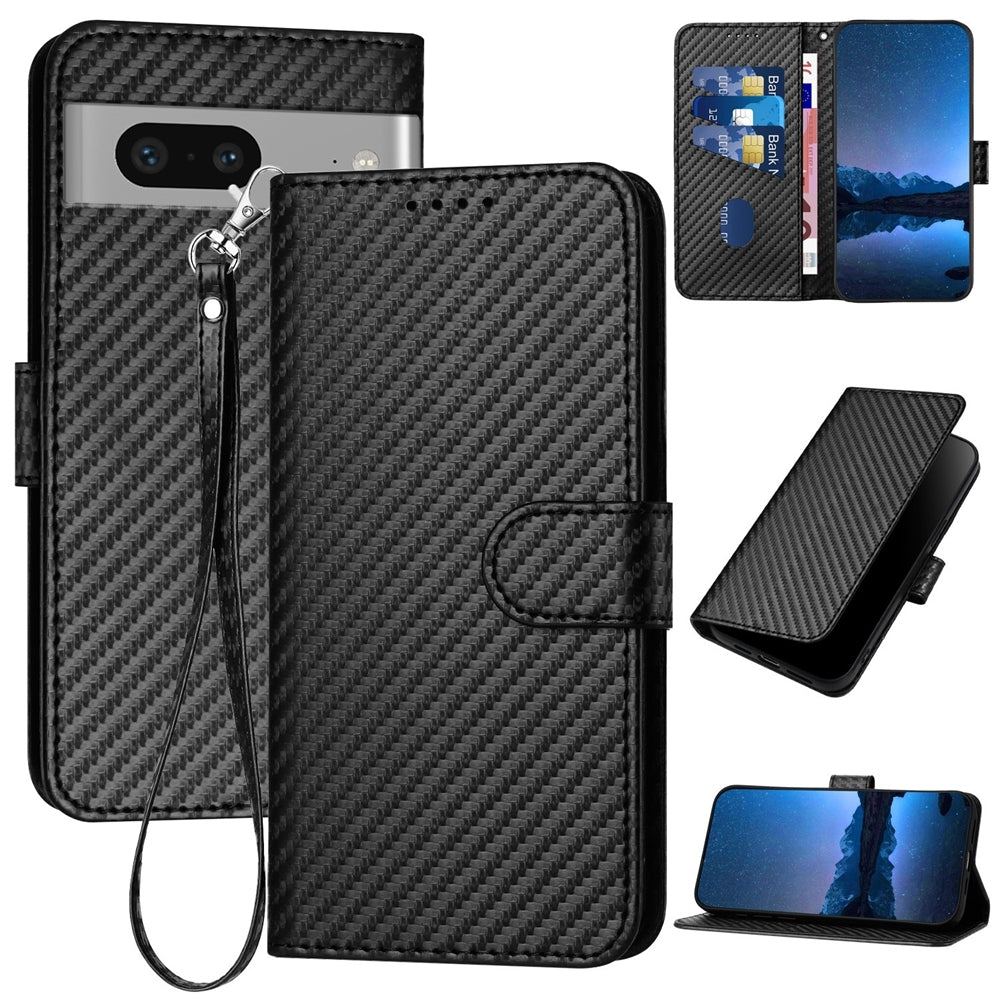 Google Pixel 7 Carbon Fiber Buckle Leather Phone Case with Lanyard, PU Leather TPU Wallet Cover with Card Slot, Cash Compartment, Stand Function & Scratch Protection