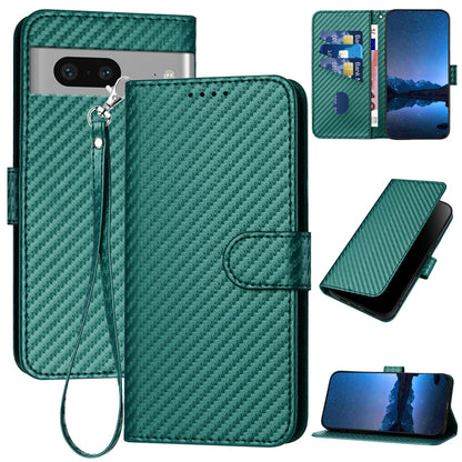 Google Pixel 7 Carbon Fiber Buckle Leather Phone Case with Lanyard, PU Leather TPU Wallet Cover with Card Slot, Cash Compartment, Stand Function & Scratch Protection
