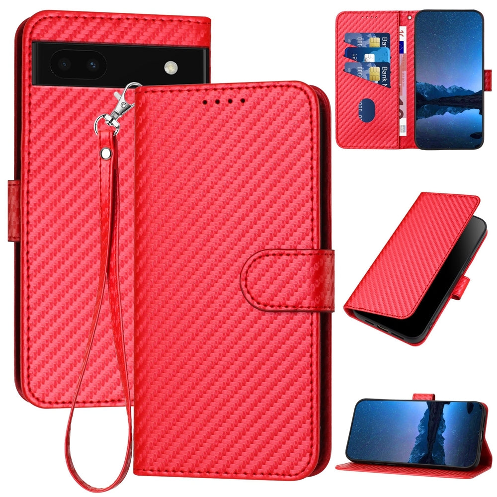 Google Pixel 6a Carbon Fiber Buckle Leather Phone Case with Lanyard, PU Leather TPU Wallet Cover with Card Slot, Cash Compartment, Stand Function & Scratch Protection