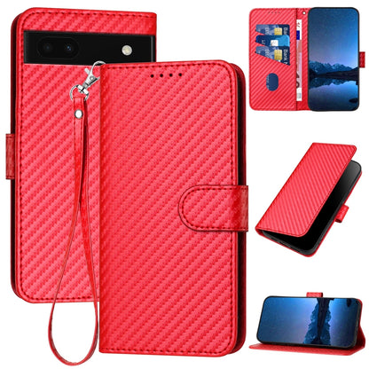 Google Pixel 6a Carbon Fiber Buckle Leather Phone Case with Lanyard, PU Leather TPU Wallet Cover with Card Slot, Cash Compartment, Stand Function & Scratch Protection