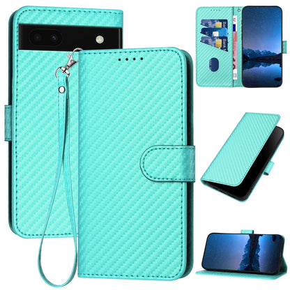 Google Pixel 6a Carbon Fiber Buckle Leather Phone Case with Lanyard, PU Leather TPU Wallet Cover with Card Slot, Cash Compartment, Stand Function & Scratch Protection