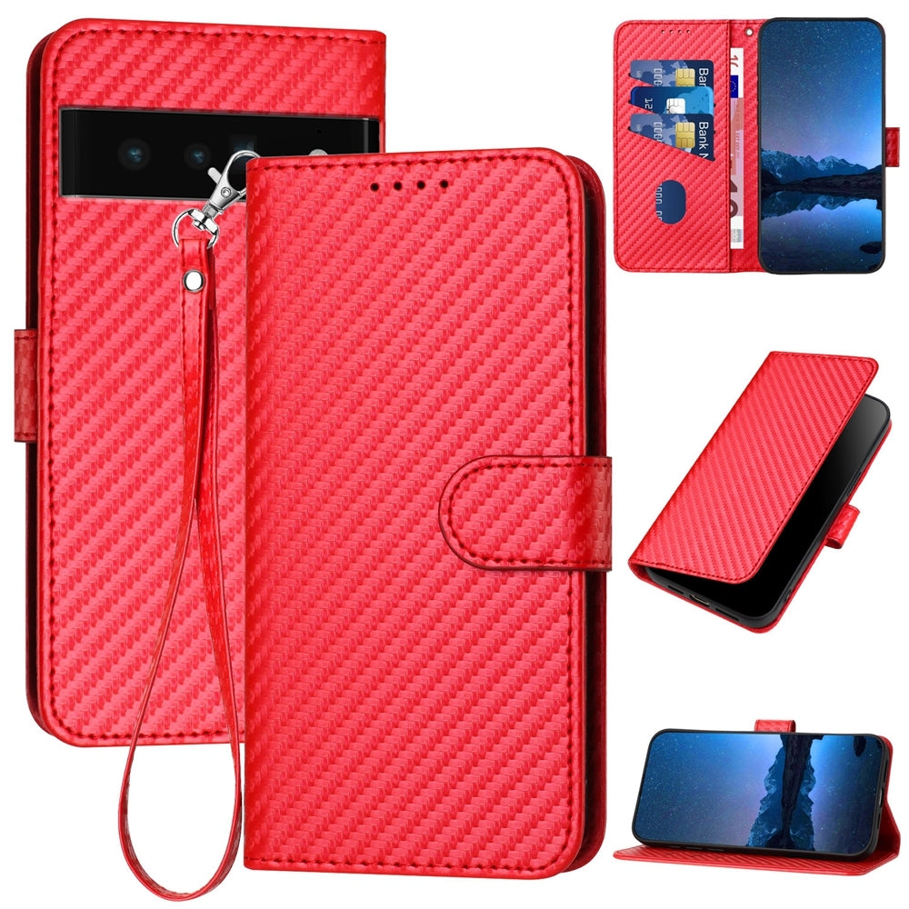 Google Pixel 6 Pro Carbon Fiber Buckle Leather Phone Case with Lanyard, PU Leather TPU Wallet Cover with Card Slot, Cash Compartment, Stand Function & Scratch Protection