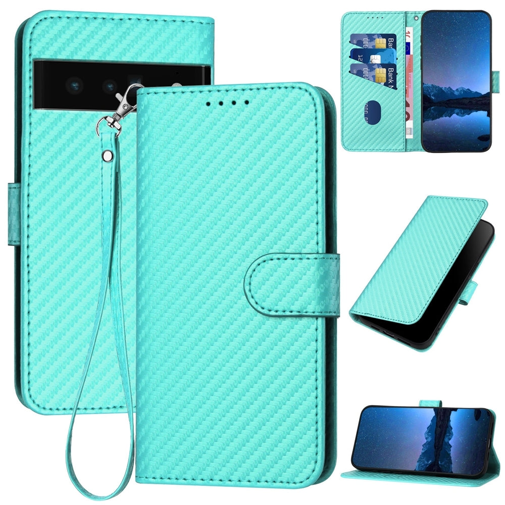 Google Pixel 6 Pro Carbon Fiber Buckle Leather Phone Case with Lanyard, PU Leather TPU Wallet Cover with Card Slot, Cash Compartment, Stand Function & Scratch Protection