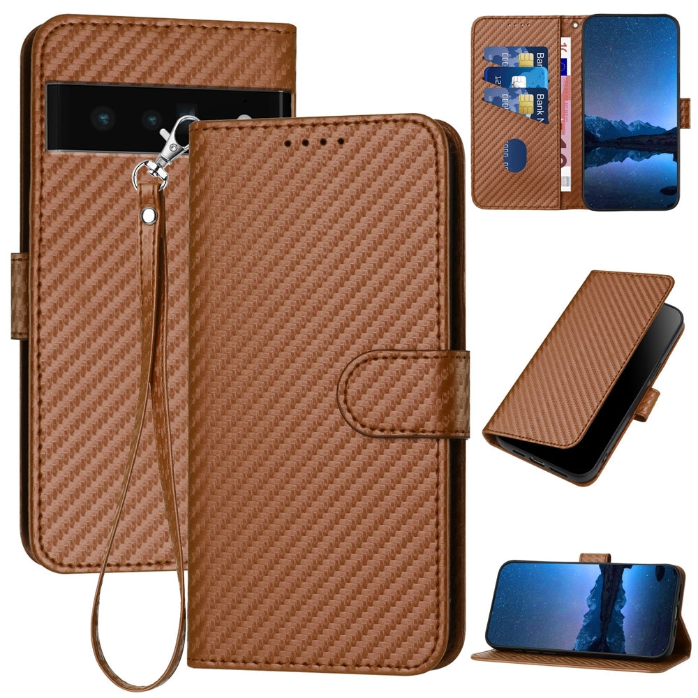 Google Pixel 6 Pro Carbon Fiber Buckle Leather Phone Case with Lanyard, PU Leather TPU Wallet Cover with Card Slot, Cash Compartment, Stand Function & Scratch Protection