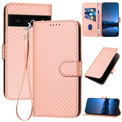 Google Pixel 6 Pro Carbon Fiber Buckle Leather Phone Case with Lanyard, PU Leather TPU Wallet Cover with Card Slot, Cash Compartment, Stand Function & Scratch Protection