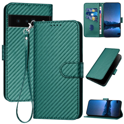 Google Pixel 6 Pro Carbon Fiber Buckle Leather Phone Case with Lanyard, PU Leather TPU Wallet Cover with Card Slot, Cash Compartment, Stand Function & Scratch Protection