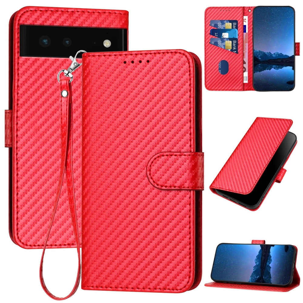 Google Pixel 6 Carbon Fiber Buckle Leather Phone Case with Lanyard, PU Leather TPU Wallet Cover with Card Slot, Cash Compartment, Stand Function & Scratch Protection