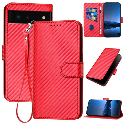 Google Pixel 6 Carbon Fiber Buckle Leather Phone Case with Lanyard, PU Leather TPU Wallet Cover with Card Slot, Cash Compartment, Stand Function & Scratch Protection