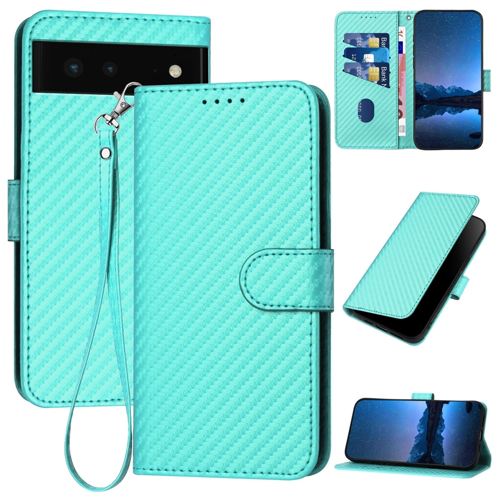 Google Pixel 6 Carbon Fiber Buckle Leather Phone Case with Lanyard, PU Leather TPU Wallet Cover with Card Slot, Cash Compartment, Stand Function & Scratch Protection