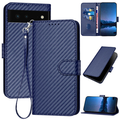 Google Pixel 6 Carbon Fiber Buckle Leather Phone Case with Lanyard, PU Leather TPU Wallet Cover with Card Slot, Cash Compartment, Stand Function & Scratch Protection