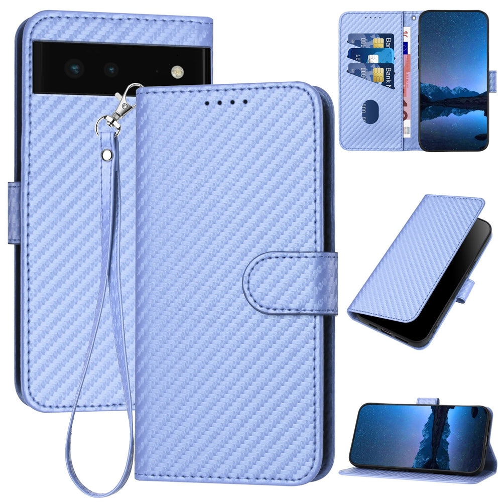 Google Pixel 6 Carbon Fiber Buckle Leather Phone Case with Lanyard, PU Leather TPU Wallet Cover with Card Slot, Cash Compartment, Stand Function & Scratch Protection