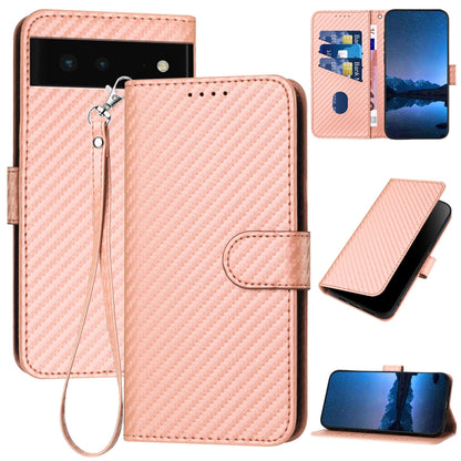 Google Pixel 6 Carbon Fiber Buckle Leather Phone Case with Lanyard, PU Leather TPU Wallet Cover with Card Slot, Cash Compartment, Stand Function & Scratch Protection