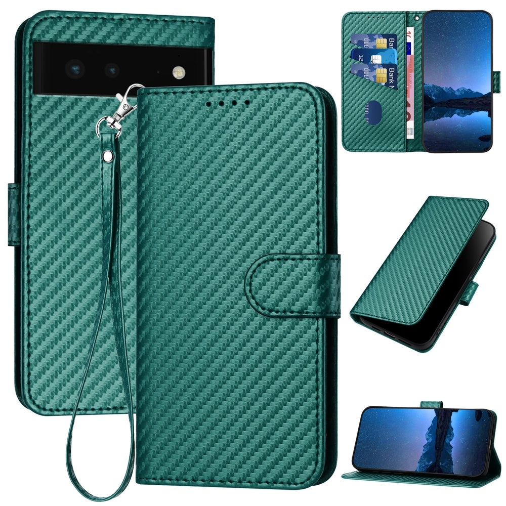 Google Pixel 6 Carbon Fiber Buckle Leather Phone Case with Lanyard, PU Leather TPU Wallet Cover with Card Slot, Cash Compartment, Stand Function & Scratch Protection