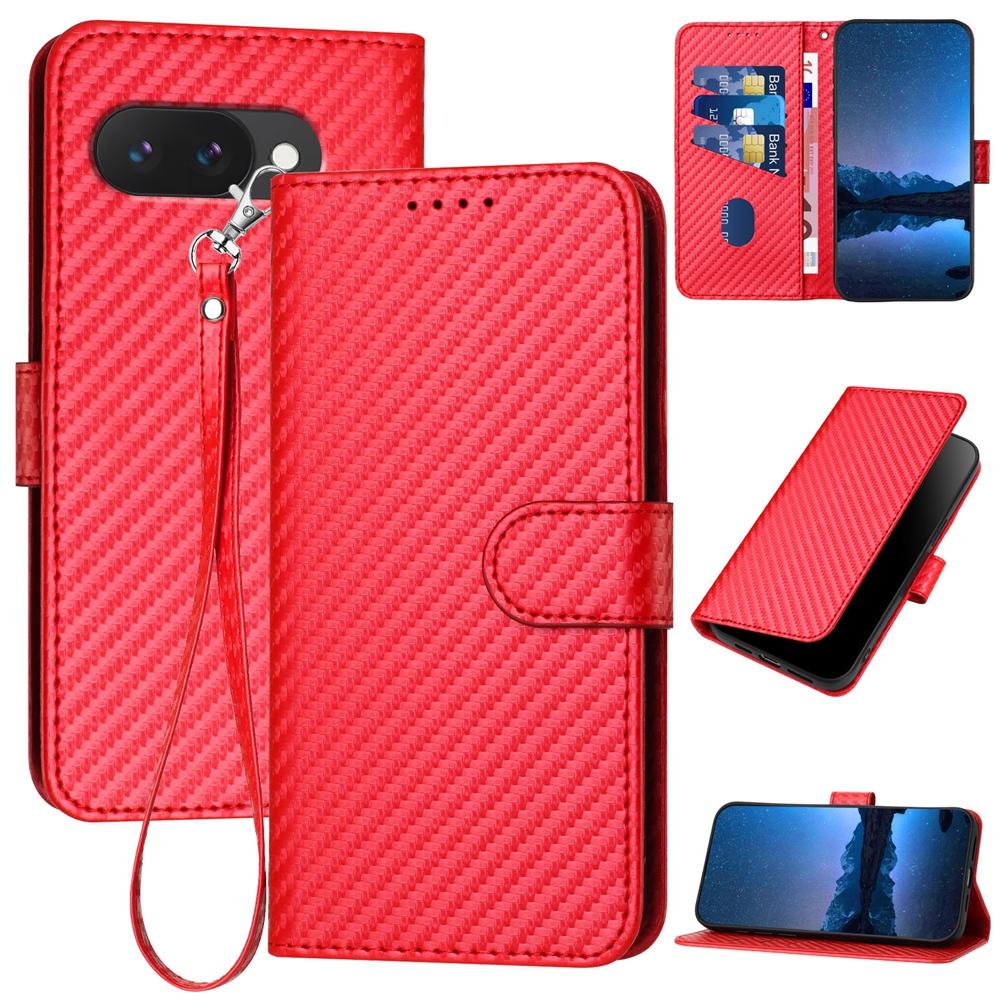 Google Pixel 9a Carbon Fiber Buckle Leather Phone Case with Lanyard, PU Leather TPU Wallet Cover with Card Slot, Cash Compartment, Stand Function & Scratch Protection