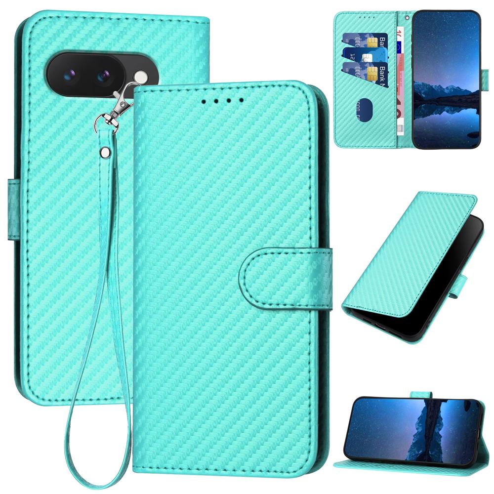 Google Pixel 9a Carbon Fiber Buckle Leather Phone Case with Lanyard, PU Leather TPU Wallet Cover with Card Slot, Cash Compartment, Stand Function & Scratch Protection