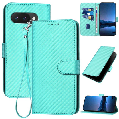 Google Pixel 9a Carbon Fiber Buckle Leather Phone Case with Lanyard, PU Leather TPU Wallet Cover with Card Slot, Cash Compartment, Stand Function & Scratch Protection