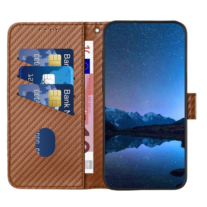 Google Pixel 9a Carbon Fiber Buckle Leather Phone Case with Lanyard, PU Leather TPU Wallet Cover with Card Slot, Cash Compartment, Stand Function & Scratch Protection