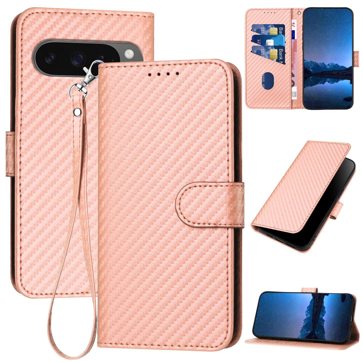 Google Pixel 10 Pro XL Carbon Fiber Buckle Leather Phone Case with Lanyard, PU Leather TPU Wallet Cover with Card Slot, Cash Compartment, Stand Function & Scratch Protection