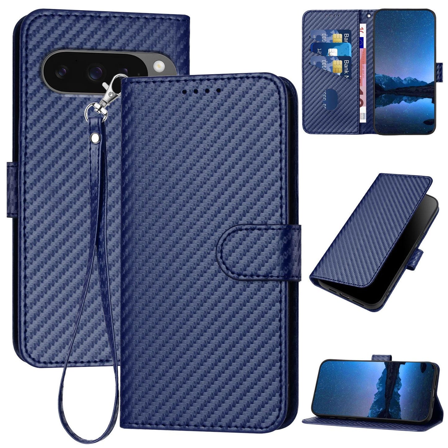 Google Pixel 10 Pro Carbon Fiber Buckle Leather Phone Case with Lanyard, PU Leather TPU Wallet Cover with Card Slot, Cash Compartment, Stand Function & Scratch Protection