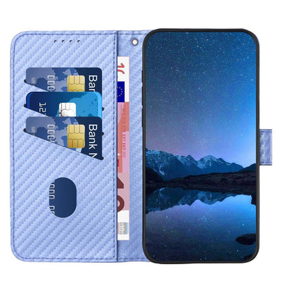 Google Pixel 10 Carbon Fiber Buckle Leather Phone Case with Lanyard, PU Leather TPU Wallet Cover with Card Slot, Cash Compartment, Stand Function & Scratch Protection