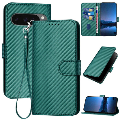 Google Pixel 10 Pro Carbon Fiber Buckle Leather Phone Case with Lanyard, PU Leather TPU Wallet Cover with Card Slot, Cash Compartment, Stand Function & Scratch Protection