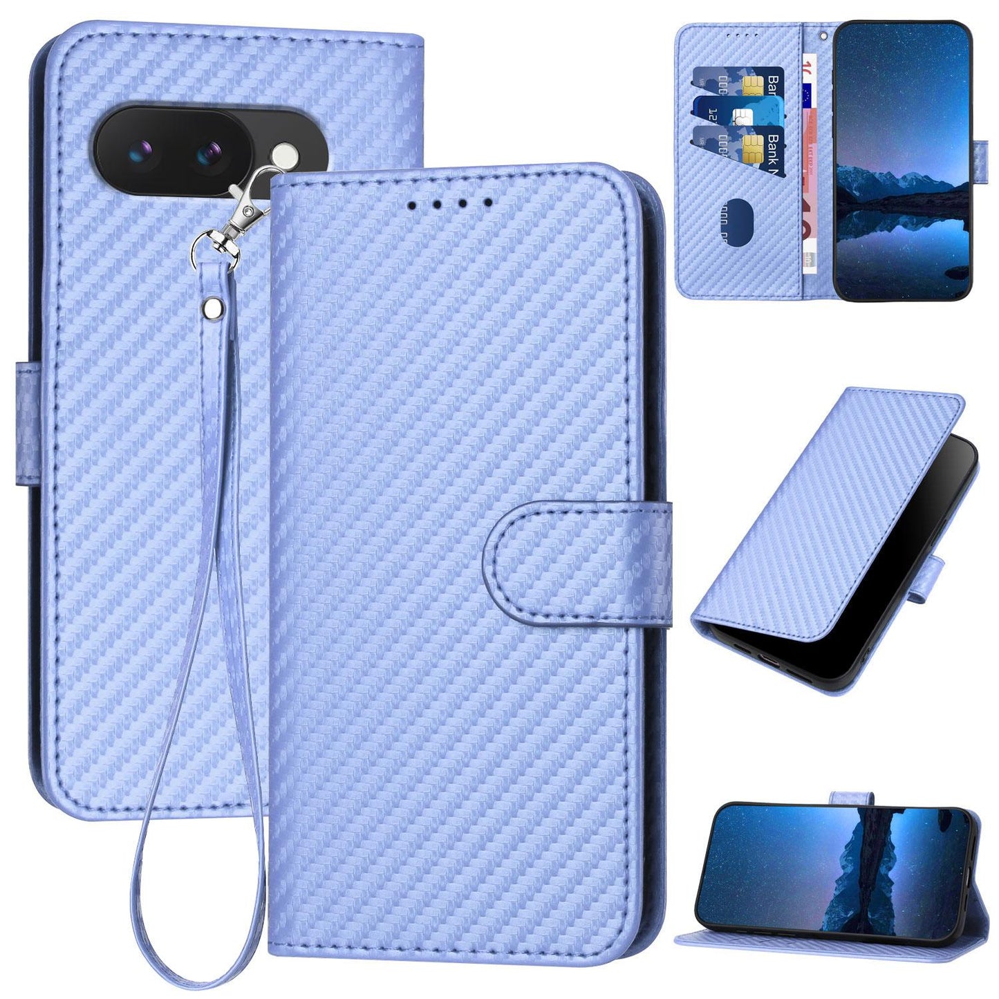 Google Pixel 10a Carbon Fiber Buckle Leather Phone Case with Lanyard, PU Leather TPU Wallet Cover with Card Slot, Cash Compartment, Stand Function & Scratch Protection