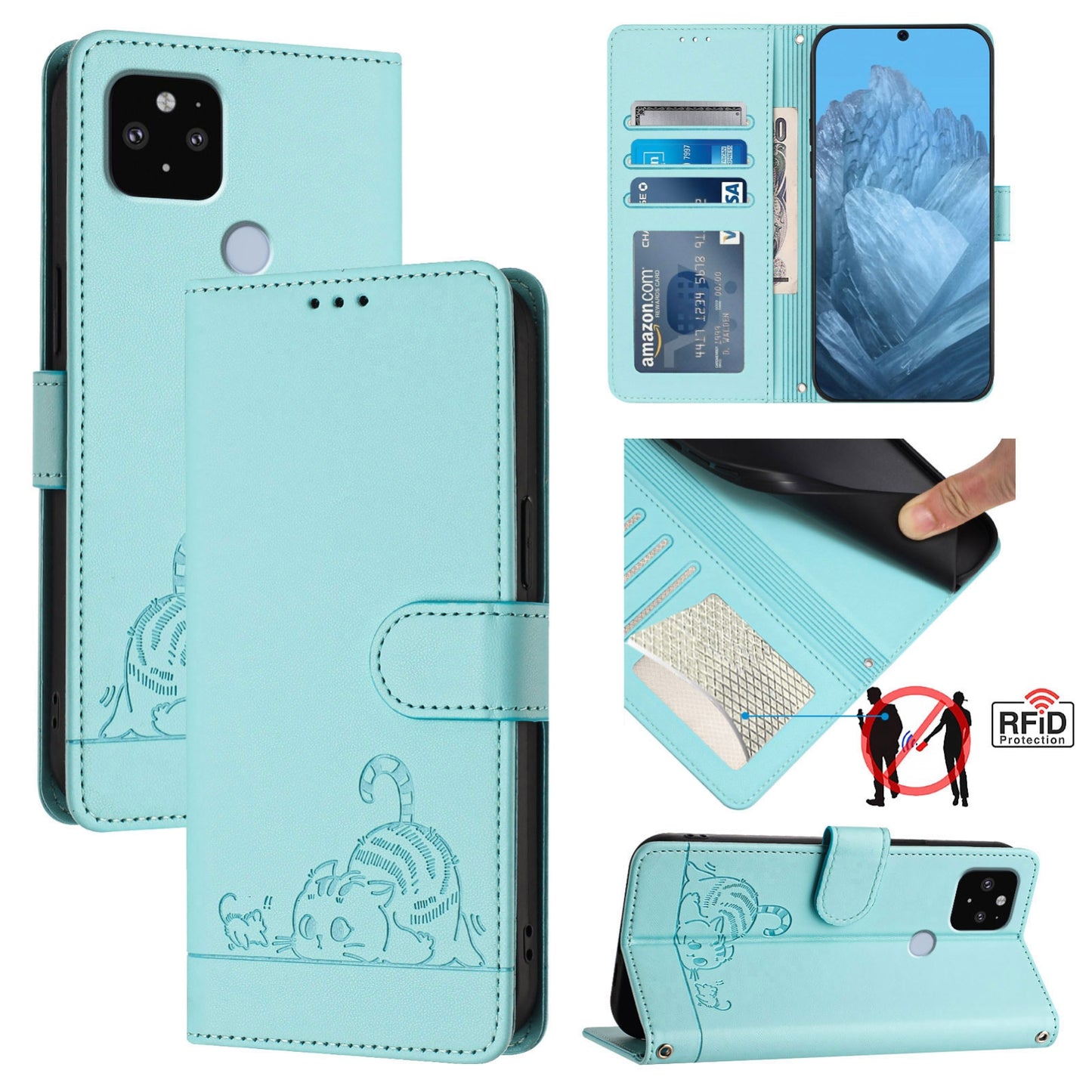Google Pixel 4A 5G Cat & Rat Embossed RFID Leather Case, Lanyard, Wallet, Card Slots, Kickstand, Anti-Fall, Scratch-Resistant