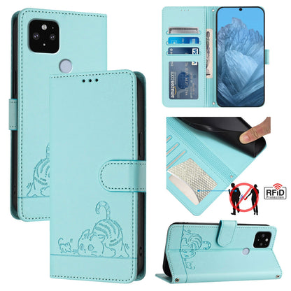 Google Pixel 4A 5G Cat & Rat Embossed RFID Leather Case, Lanyard, Wallet, Card Slots, Kickstand, Anti-Fall, Scratch-Resistant