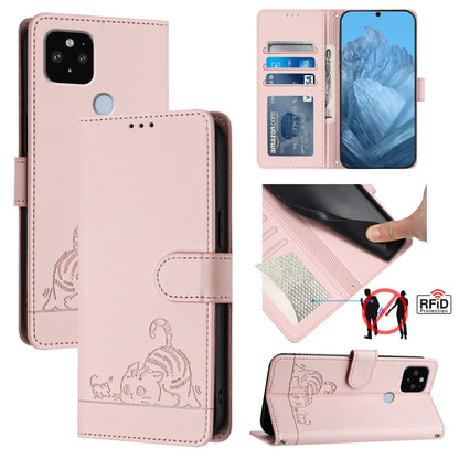 Google Pixel 4A 5G Cat & Rat Embossed RFID Leather Case, Lanyard, Wallet, Card Slots, Kickstand, Anti-Fall, Scratch-Resistant