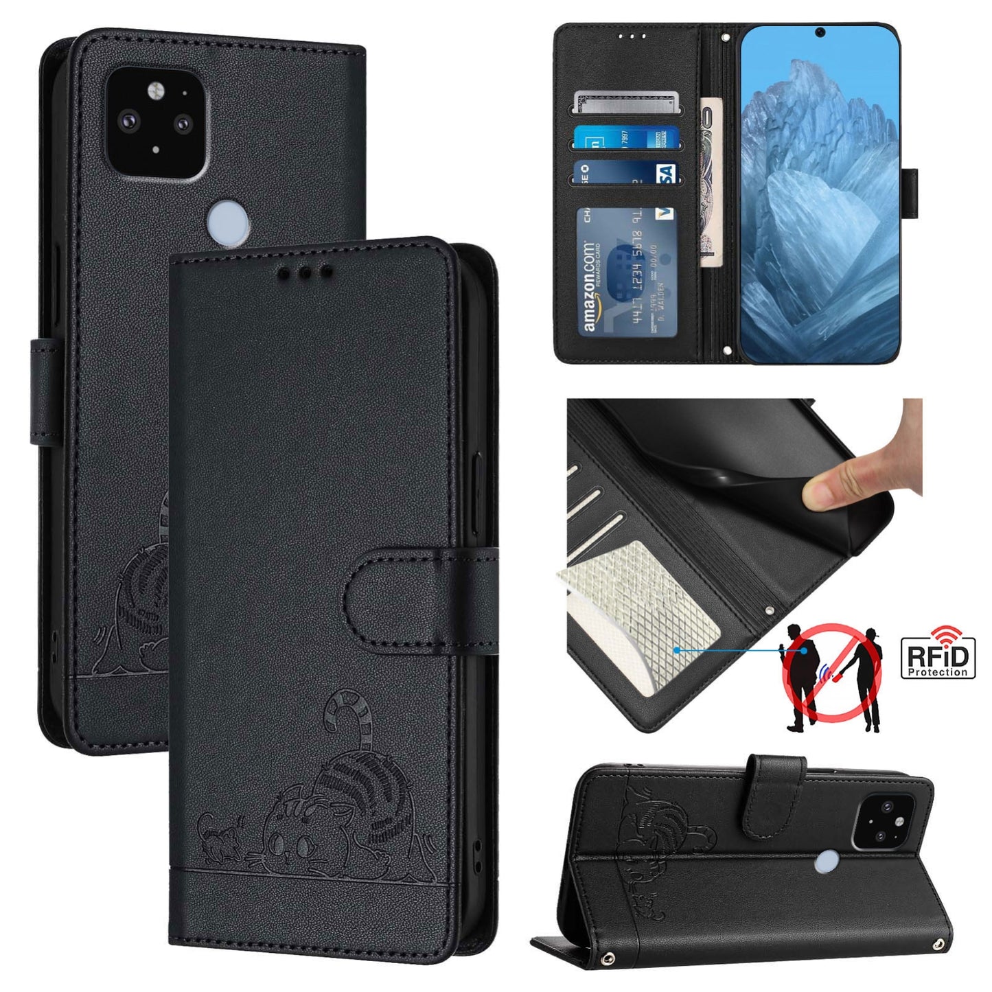 Google Pixel 4A 5G Cat & Rat Embossed RFID Leather Case, Lanyard, Wallet, Card Slots, Kickstand, Anti-Fall, Scratch-Resistant
